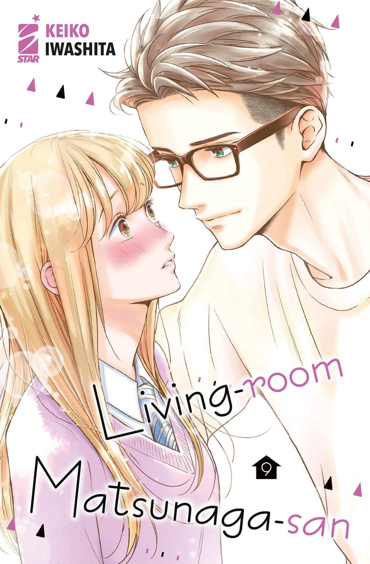 Copertina del nono volume del manga 'Living Room Matsunaga-San' di Keiko Iwashita, edito da Star Comics. L'illustrazione ritrae Miiko fortemente arrossita in primo piano mentre guarda negli occhi Matsunaga-san con gli occhiali che si piega verso di lei, sormontati dal titolo e dal numero 9.