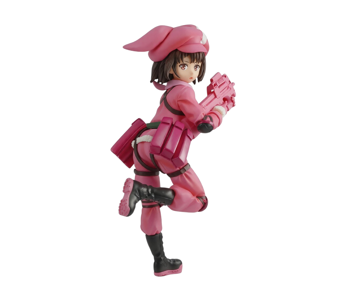 Figure da collezione in PVC di Llenn dalla serie anime 'Sword Art Online Alternative: Gun Gale Online', prodotta da Bandai Banpresto. La statuetta ritrae la protagonista in una posa dinamica di corsa e combattimento con una tuta tattica interamente rosa, tasche porta-caricatori ai fianchi, stivali neri, un berretto rosa con lunghe orecchie da coniglio e la sua mitraglietta P90 rosa stretta tra le mani.