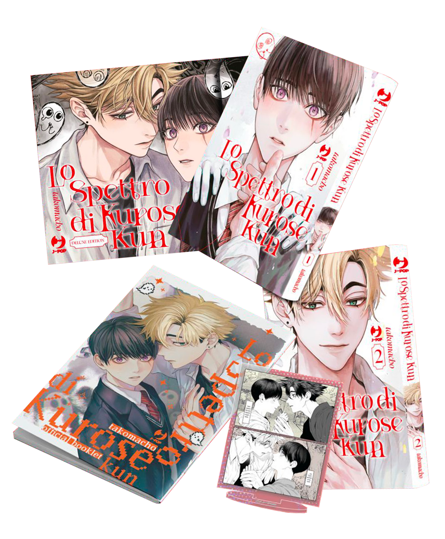 Panoramica dei contenuti de Lo Spettro di Kurose-kun Box Deluxe Edition, che mostra il cofanetto, le copertine illustrate dei volumi 1 e 2, l'official booklet cartaceo e il mini-standee in acrilico.