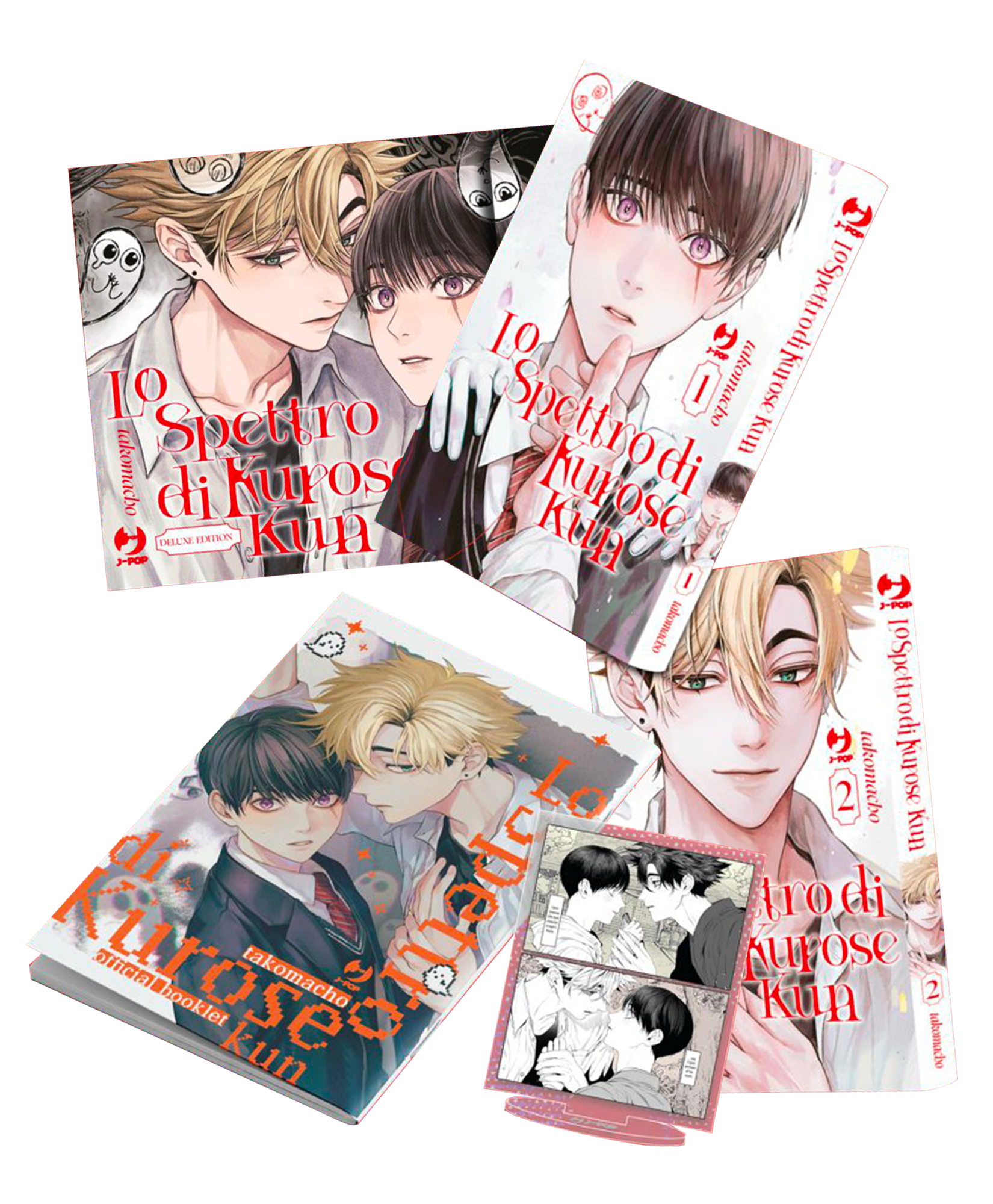 Panoramica dei contenuti de Lo Spettro di Kurose-kun Box Deluxe Edition, che mostra il cofanetto, le copertine illustrate dei volumi 1 e 2, l'official booklet cartaceo e il mini-standee in acrilico.