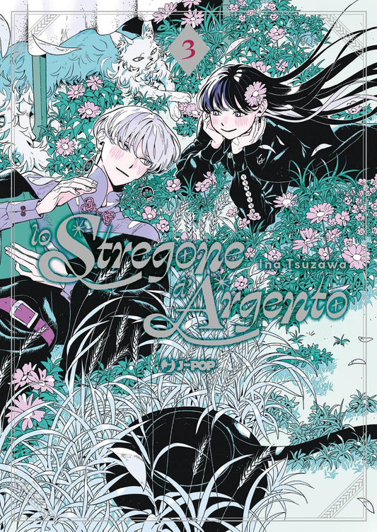 Copertina del terzo e ultimo volume in italiano del manga fantasy 'Lo Stregone D'Argento' di Ina Tsuzawa, edito da J-POP Manga. L'illustrazione delicata sui toni del verde e del rosa raffigura distesi immersi in un prato fiorito lo stregone Zino dai capelli d'argento e giacca viola sulla sinistra, affiancato sulla destra dalla giovane Mei dai lunghi capelli scuri con un fiore rosa tra le chiome. In alto figura una creatura felina bianca tra la vegetazione, mentre al centro campeggia il titolo.