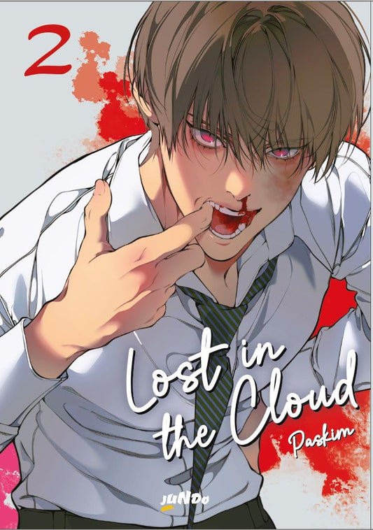Copertina del manhwa Lost in the Cloud 2. Un ragazzo biondo con la camicia scolastica e la cravatta allentata, con un'espressione folle e lo sguardo inquietante, si pulisce il sangue dal labbro con il pollice su uno sfondo con macchie rosse.