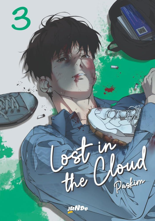 Copertina del manhwa Lost in the Cloud 3. Skylar, un ragazzo dai capelli scuri, giace a terra ferito e con il volto segnato, mentre una scarpa da ginnastica bianca incombe su di lui calpestandolo. Sfondo bianco con vivaci macchie di colore verde.