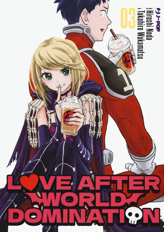 Copertina del manga 'Love After World Domination Vol. 3' edito da J-POP Manga con la protagonista Desumi Magahara sorridente in costume da combattimento mentre solleva una mazza ferrata chiodata con catena.