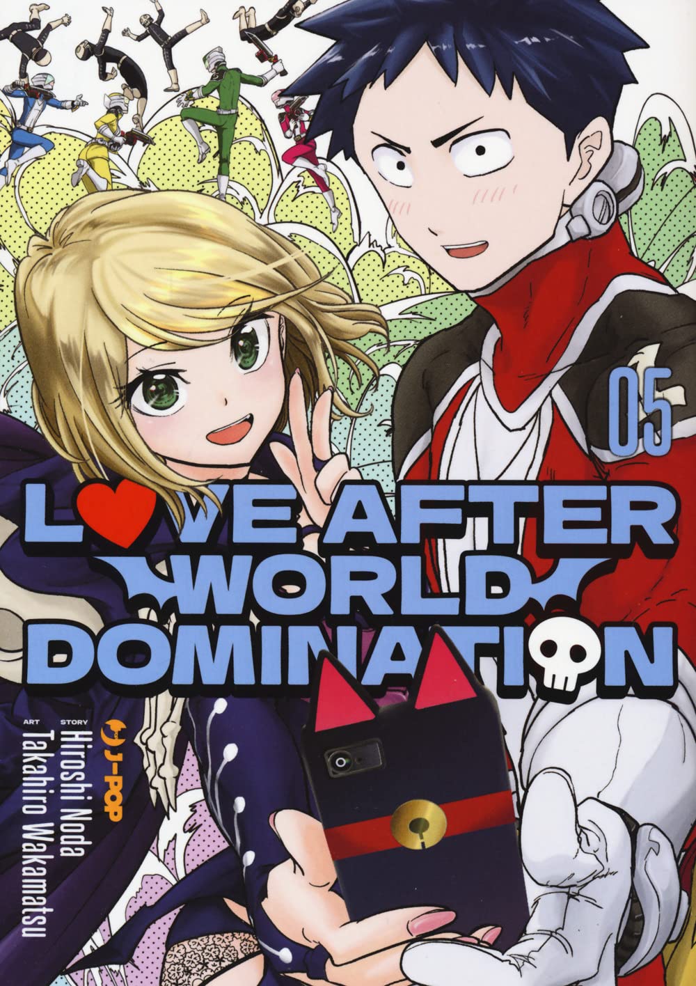 Copertina del manga 'Love After World Domination Vol. 5' edito da J-POP Manga con i protagonisti Desumi Magahara e Fudo Aikawa che scattano un selfie insieme.