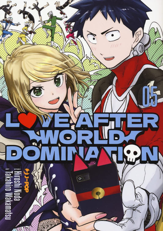 Copertina del manga 'Love After World Domination Vol. 5' edito da J-POP Manga con i protagonisti Desumi Magahara e Fudo Aikawa che scattano un selfie insieme.