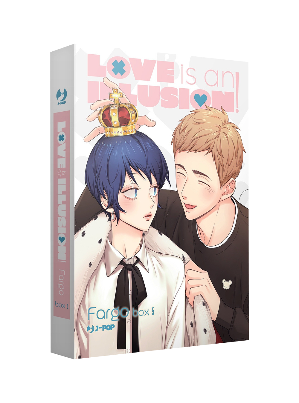 Immagine del cofanetto (Box 5) del manhwa Love Is An Illusion! edito da J-POP; l'illustrazione mostra Dojin che sorride dolcemente mentre posa una corona dorata sulla testa di Hye-Sung, il quale indossa un mantello regale bianco con un'espressione imbarazzata.