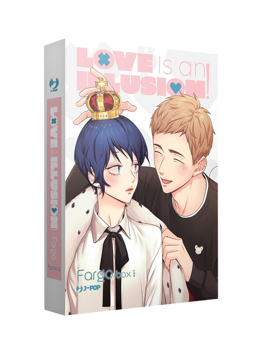 Immagine del cofanetto (Box 5) del manhwa Love Is An Illusion! edito da J-POP; l'illustrazione mostra Dojin che sorride dolcemente mentre posa una corona dorata sulla testa di Hye-Sung, il quale indossa un mantello regale bianco con un'espressione imbarazzata.
