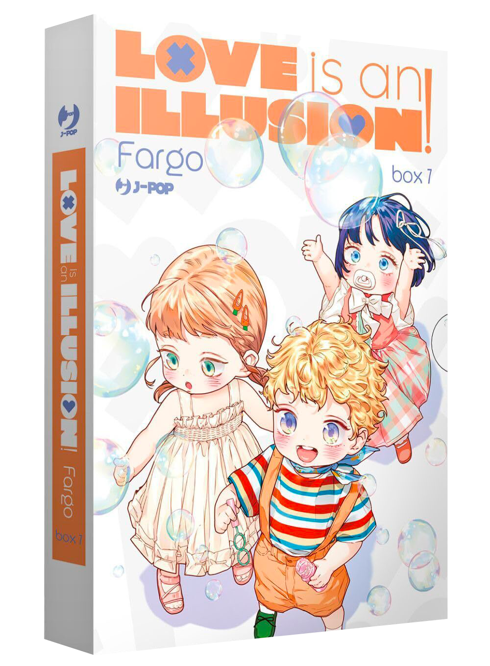 Copertina del cofanetto numero 7 del manga Love Is An Illusion!. Sulla scatola bianca, circondati da bolle di sapone iridescenti, sono raffigurati tre adorabili bambini sorridenti e vestiti con abiti colorati. In alto spicca il titolo della serie a grandi lettere arancioni e grigie.