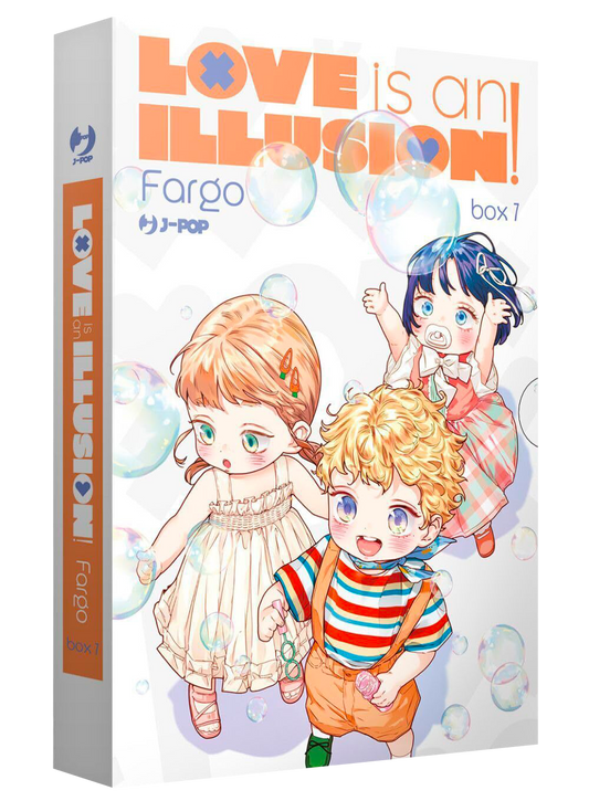 Copertina del cofanetto numero 7 del manga Love Is An Illusion!. Sulla scatola bianca, circondati da bolle di sapone iridescenti, sono raffigurati tre adorabili bambini sorridenti e vestiti con abiti colorati. In alto spicca il titolo della serie a grandi lettere arancioni e grigie.