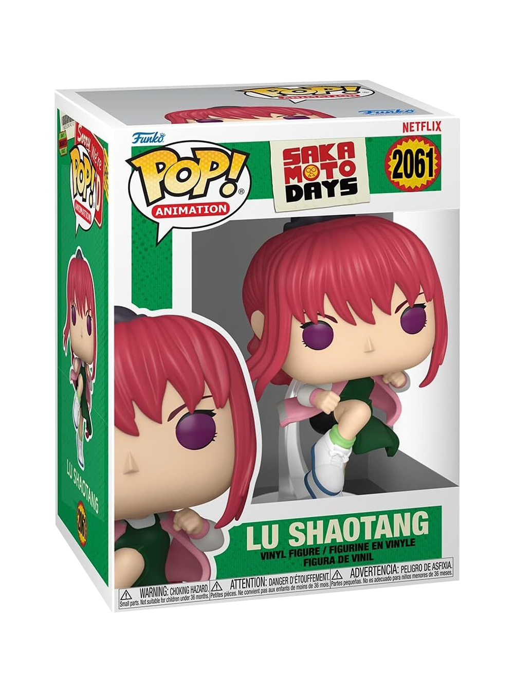 Funko Pop! numero 2061 di Lu Shaotang da Sakamoto Days; la figure in vinile mostra il personaggio con capelli rossi e vestito verde in una posa dinamica mentre sferra un calcio volante a mezz'aria.