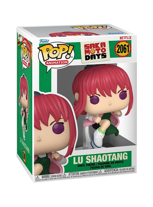 Funko Pop! numero 2061 di Lu Shaotang da Sakamoto Days; la figure in vinile mostra il personaggio con capelli rossi e vestito verde in una posa dinamica mentre sferra un calcio volante a mezz'aria.