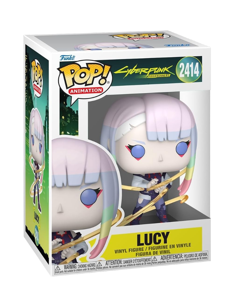 Confezione a scatola del Funko POP! numero 2414 di Lucy dall'anime Cyberpunk: Edgerunners, che mostra la statuetta in vinile del personaggio con capelli bianchi a sfumature pastello e un cavo dorato luminoso che le avvolge il corpo.