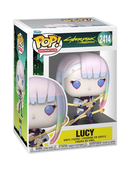 Confezione a scatola del Funko POP! numero 2414 di Lucy dall'anime Cyberpunk: Edgerunners, che mostra la statuetta in vinile del personaggio con capelli bianchi a sfumature pastello e un cavo dorato luminoso che le avvolge il corpo.