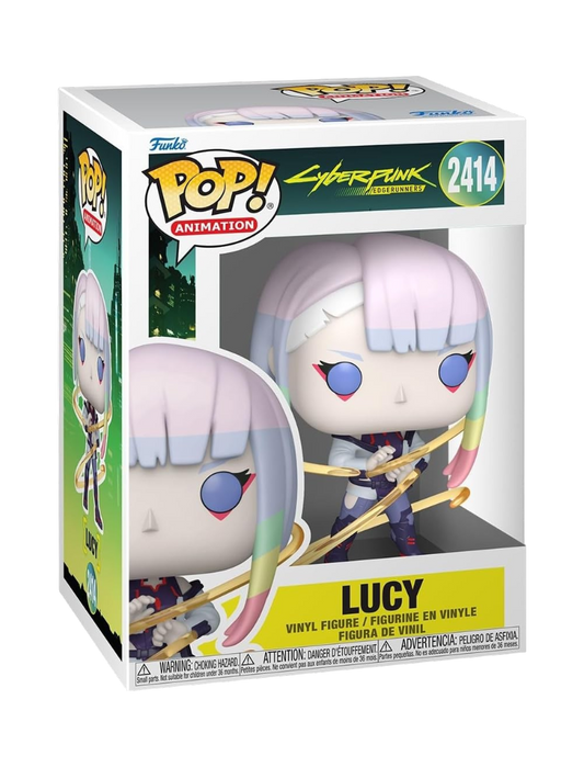 Confezione a scatola del Funko POP! numero 2414 di Lucy dall'anime Cyberpunk: Edgerunners, che mostra la statuetta in vinile del personaggio con capelli bianchi a sfumature pastello e un cavo dorato luminoso che le avvolge il corpo.