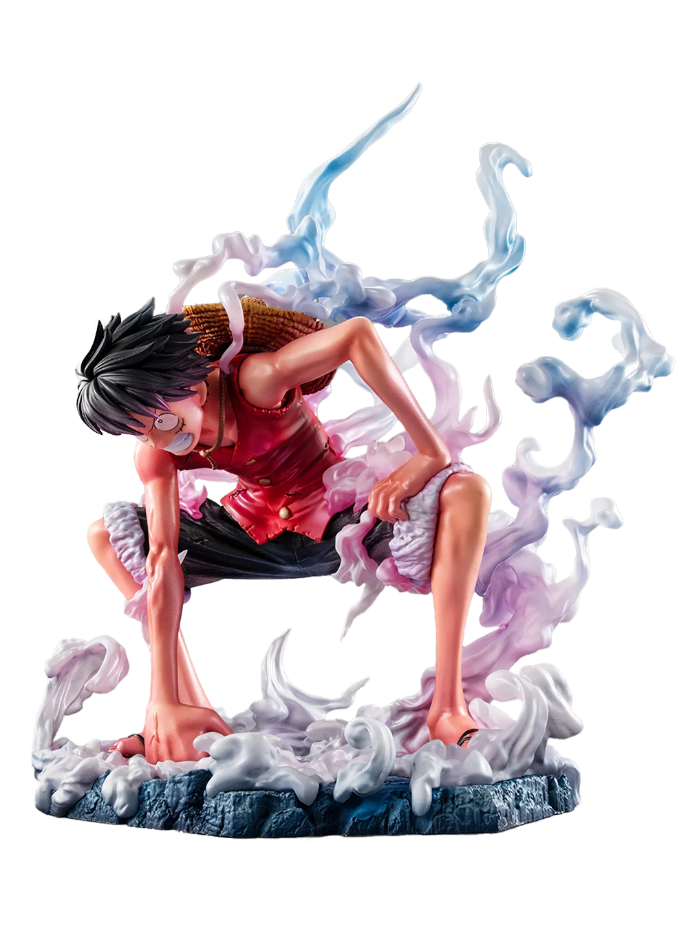 Figura da collezione di Monkey D. Luffy in modalità Gear Second tratta da One Piece, visibile nel file luffy.jpg. Il protagonista è accovacciato nella sua iconica posa da combattimento con un pugno a terra, la pelle arrossata dallo sforzo e grandi volute di fumo sfumate tra il rosa e l'azzurro che lo circondano.