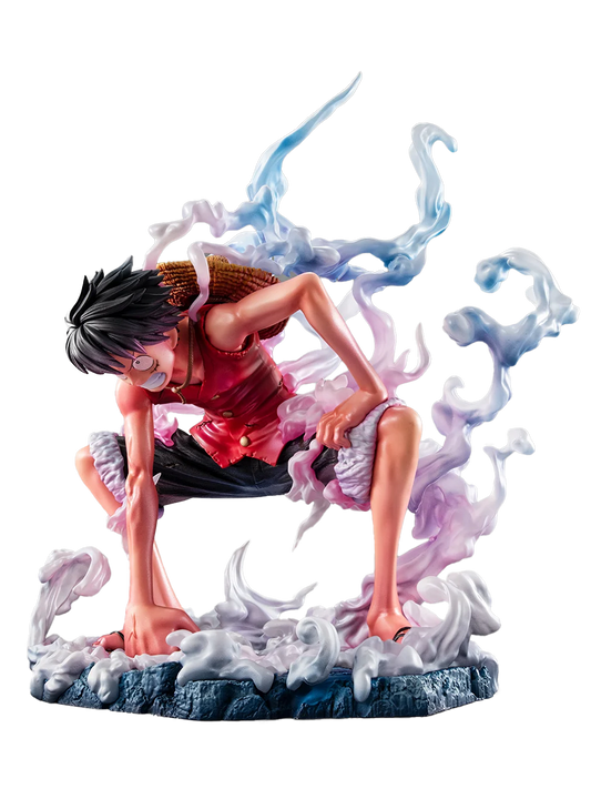 Figura da collezione di Monkey D. Luffy in modalità Gear Second tratta da One Piece, visibile nel file luffy.jpg. Il protagonista è accovacciato nella sua iconica posa da combattimento con un pugno a terra, la pelle arrossata dallo sforzo e grandi volute di fumo sfumate tra il rosa e l'azzurro che lo circondano.