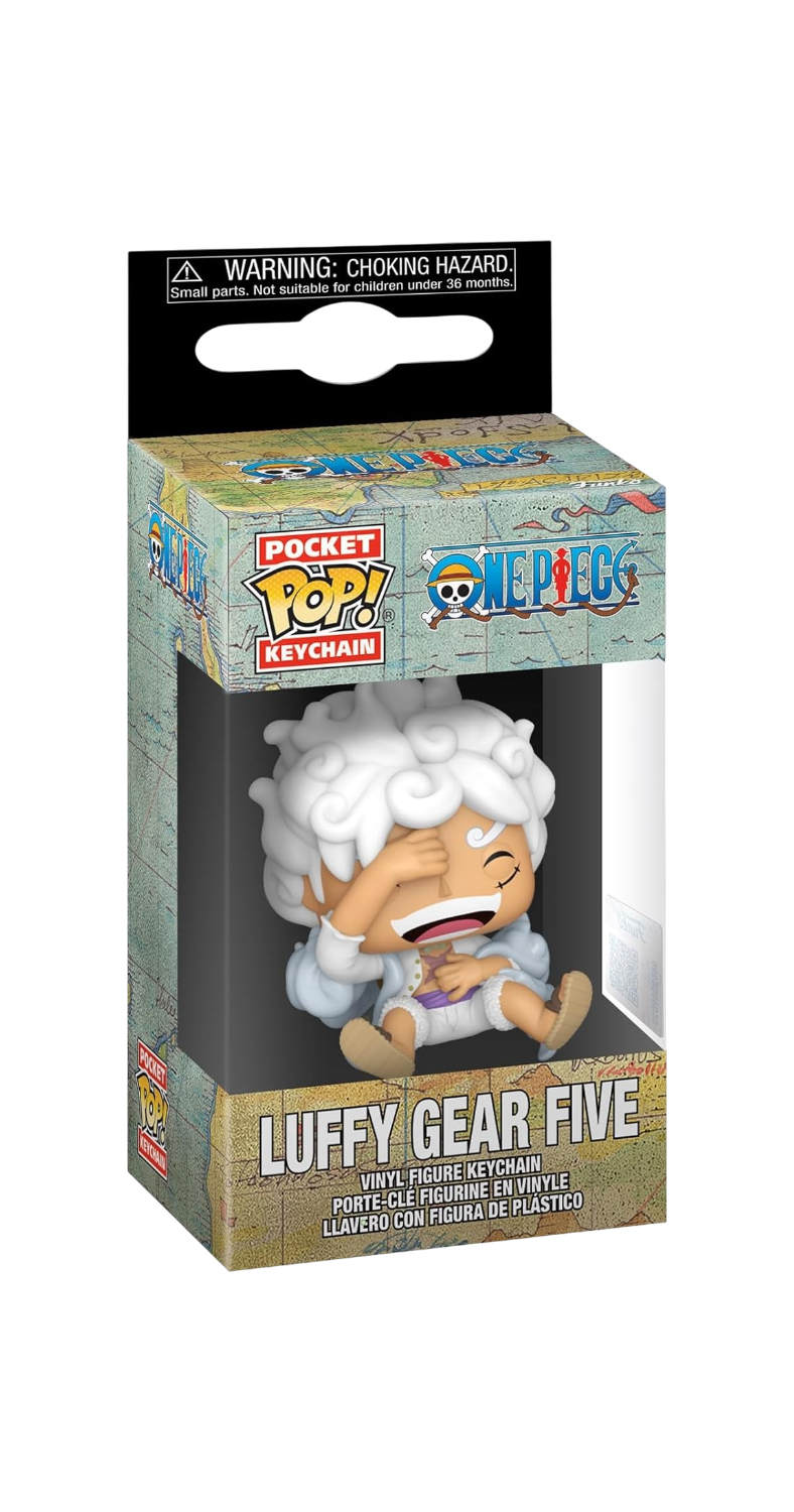 Confezione originale del portachiavi Funko Pocket Pop! Keychain di Luffy Gear Five dalla serie One Piece. La scatolina mostra la mini figure in vinile di Luffy caratterizzato da capelli e abiti interamente bianchi, ritratto mentre ride felicemente con una mano sul viso.