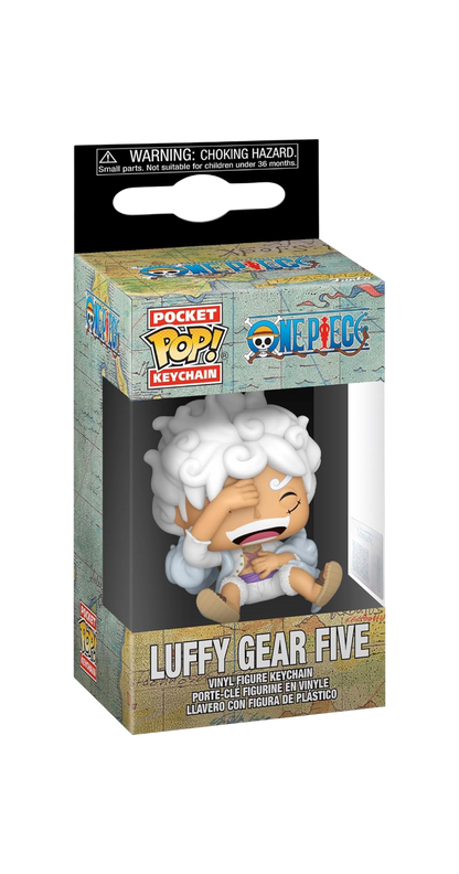 Confezione originale del portachiavi Funko Pocket Pop! Keychain di Luffy Gear Five dalla serie One Piece. La scatolina mostra la mini figure in vinile di Luffy caratterizzato da capelli e abiti interamente bianchi, ritratto mentre ride felicemente con una mano sul viso.