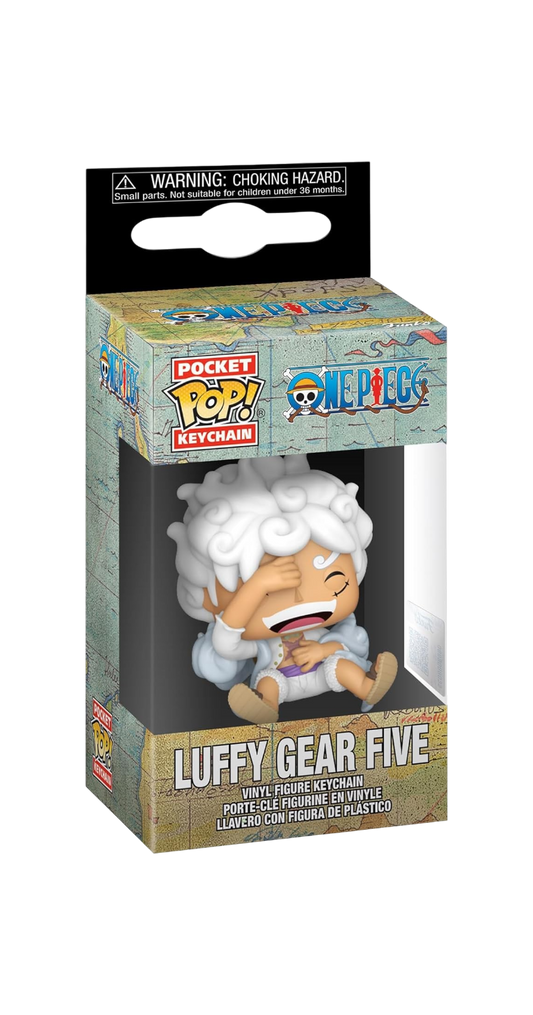 Confezione originale del portachiavi Funko Pocket Pop! Keychain di Luffy Gear Five dalla serie One Piece. La scatolina mostra la mini figure in vinile di Luffy caratterizzato da capelli e abiti interamente bianchi, ritratto mentre ride felicemente con una mano sul viso.