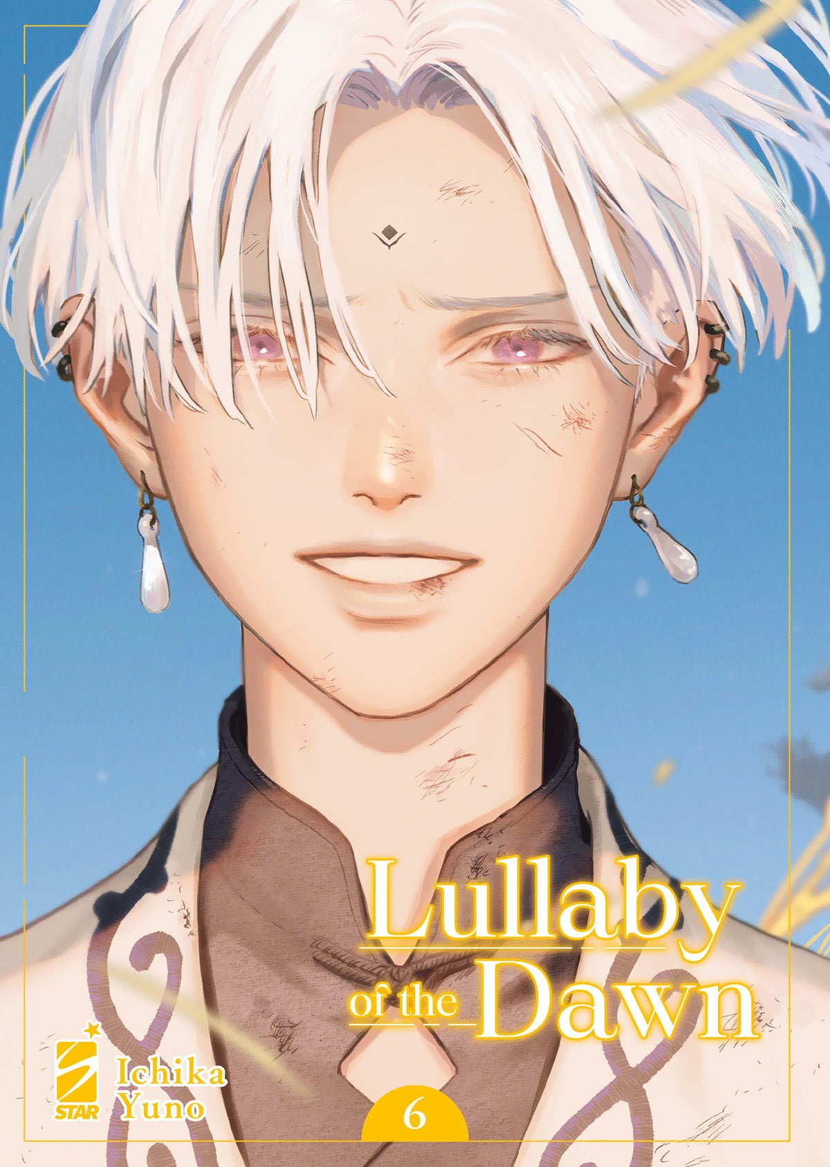 Copertina del manga Lullaby of the Dawn Vol. 6; in primo piano il volto di un personaggio con capelli bianchi e occhi viola, con un'espressione malinconica e lievi ferite sul viso, su uno sfondo azzurro cielo.