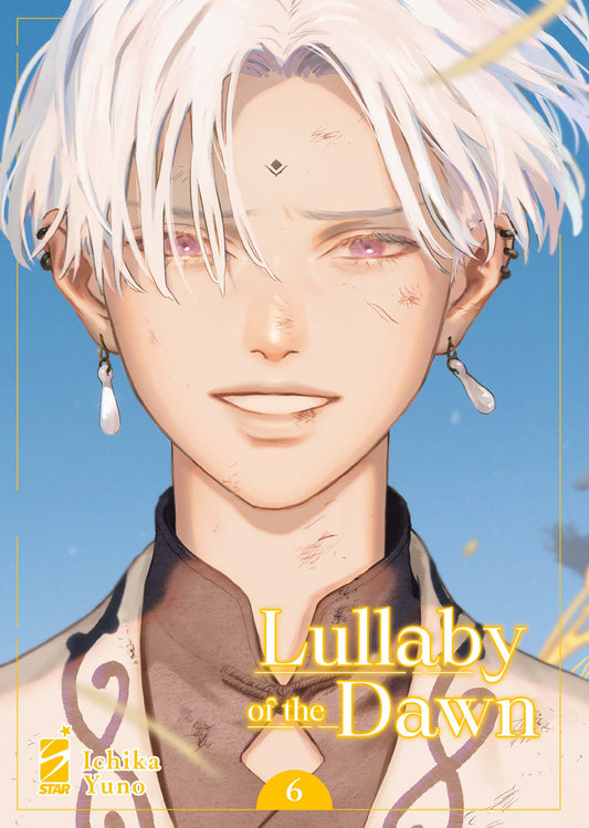 Copertina del manga Lullaby of the Dawn Vol. 6; in primo piano il volto di un personaggio con capelli bianchi e occhi viola, con un'espressione malinconica e lievi ferite sul viso, su uno sfondo azzurro cielo.