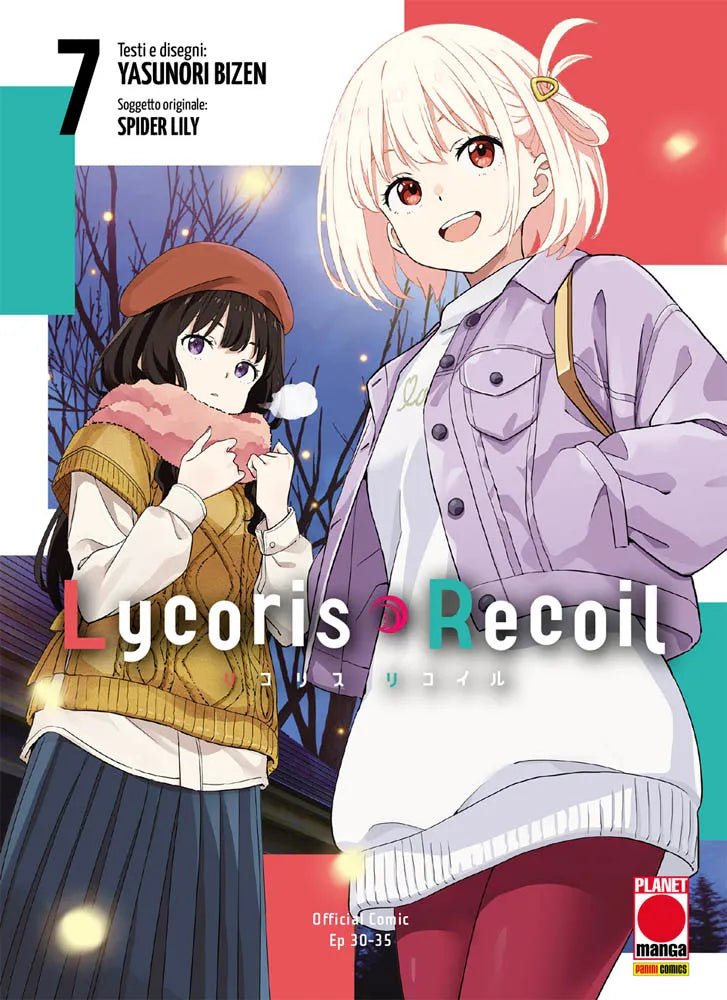 Copertina del manga Lycoris Recoil volume 7. Chisato sorride in primo piano indossando una giacca lilla, mentre Takina la osserva alle sue spalle in abiti invernali.