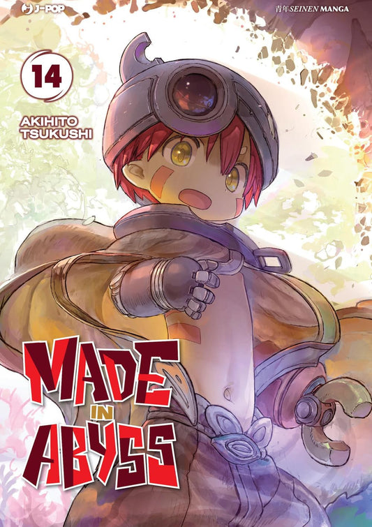Copertina del manga Made In Abyss Vol. 14 edito da J-POP. In primo piano spicca il cyborg Reg, ritratto con una prospettiva dal basso verso l'alto e un'espressione sorpresa ma determinata. Il ragazzo sfoggia il suo caratteristico elmetto metallico scuro, corti capelli rossi, grandi occhi dorati e il suo resistente braccio meccanico. Lo sfondo è luminoso e dai toni pastello, evocando le misteriose profondità dell'Abisso attraversate da sprazzi di luce. Sulla sinistra risalta il titolo in grandi caratteri ros