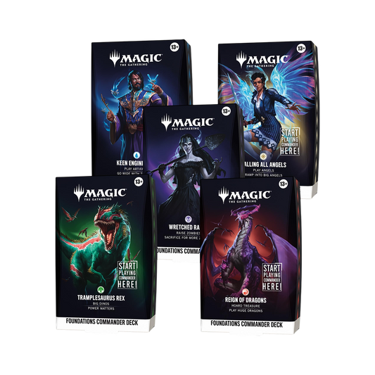 Set di 5 mazzi Commander Decks Magic The Gathering Foundations in inglese.