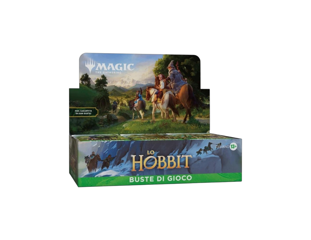 Display Box da 30 Buste di Gioco in lingua italiana dell'espansione Magic: The Gathering - Lo Hobbit prodotta da Wizards of the Coast. La confezione mostra sul coperchio rialzato un'illustrazione di Gandalf e Bilbo Baggins a cavallo nella Terra di Mezzo, con la dicitura Buste di Gioco, l'indicazione Italiano e il bollino Foil garantita in ogni busta!