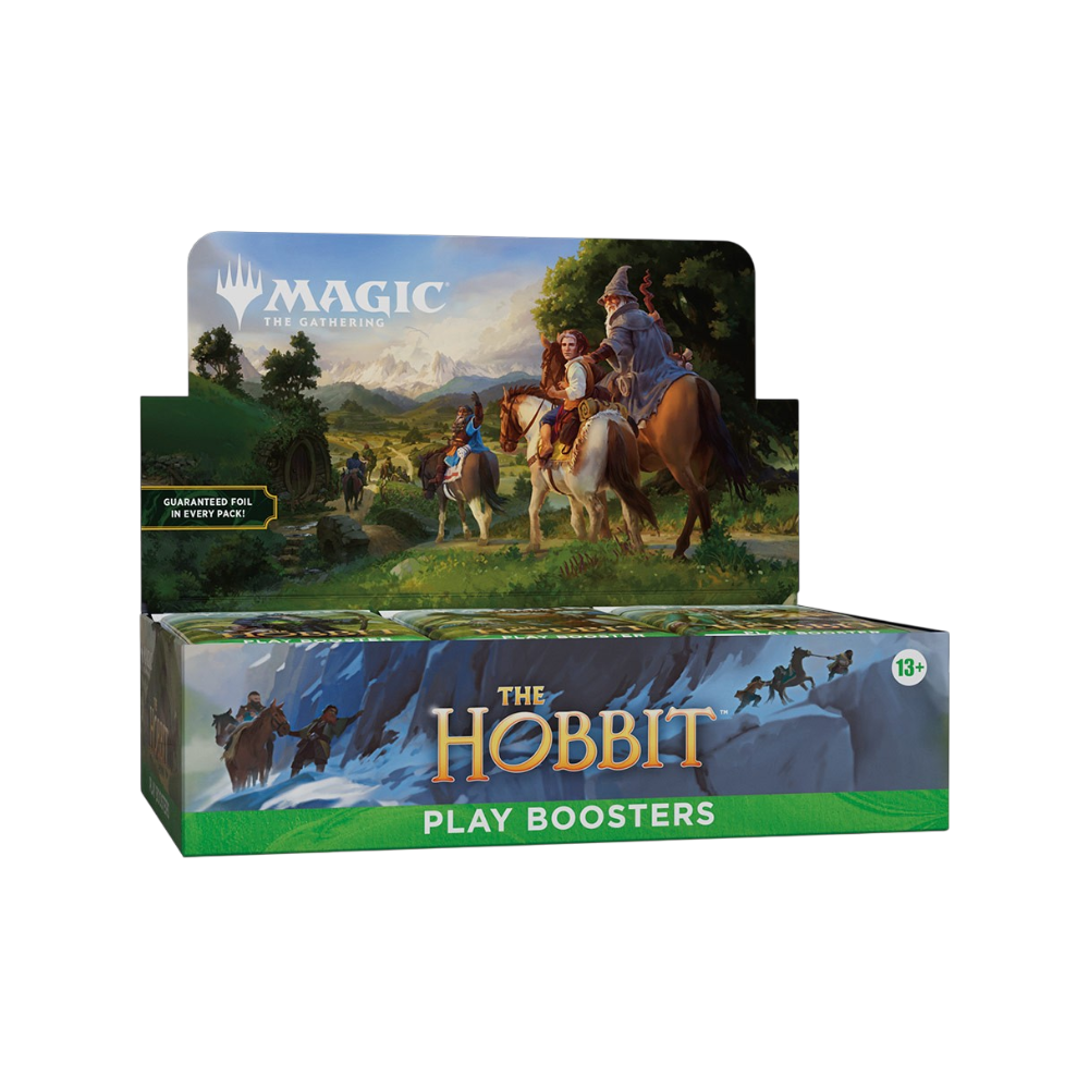 Display Box da 30 Play Booster in lingua inglese dell'espansione Magic: The Gathering - Lo Hobbit prodotta da Wizards of the Coast. La confezione mostra sul coperchio rialzato un'illustrazione di Gandalf e Bilbo Baggins a cavallo nella Terra di Mezzo, con la dicitura Play Boosters e l'indicazione della carta foil garantita in ogni busta.