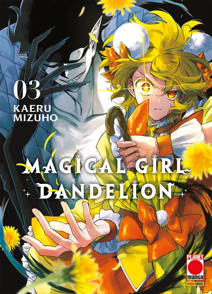 Copertina del terzo volume del manga 'Magical Girl Dandelion' di Kaeru Mizuho, edito da Panini Planet Manga. L'illustrazione su sfondo scuro con soffioni e fiori di tarassaco gialli ritrae in primo piano la ragazza magica Tanpopo dai vivaci capelli biondi e dall'occhio sinistro sfolgorante mentre impugna un'arma decorata, affiancata alle sue spalle da un sinistro demone grigio dagli occhi gialli e lunghi artigli, con il titolo 'MAGICAL GIRL DANDELION', il numero 03 e il logo Planet Manga.