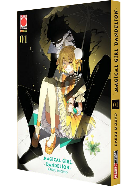 Copertina dell'edizione Instant Variant del manga Magical Girl Dandelion volume 1. Su uno sfondo completamente nero, la giovane protagonista bionda Tanpopo siede all'interno di un cono di luce, protetta da un ombrello tenuto dal demone d'ombra Shade