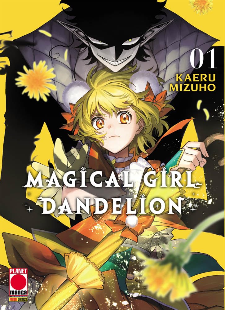 Copertina del manga Magical Girl Dandelion volume 1. Una determinata ragazza magica dai capelli biondi e grandi occhi ambra impugna uno scettro su sfondo giallo, mentre un'oscura creatura dalle orecchie a punta e dal grande sorriso malizioso la sovrasta da dietro.