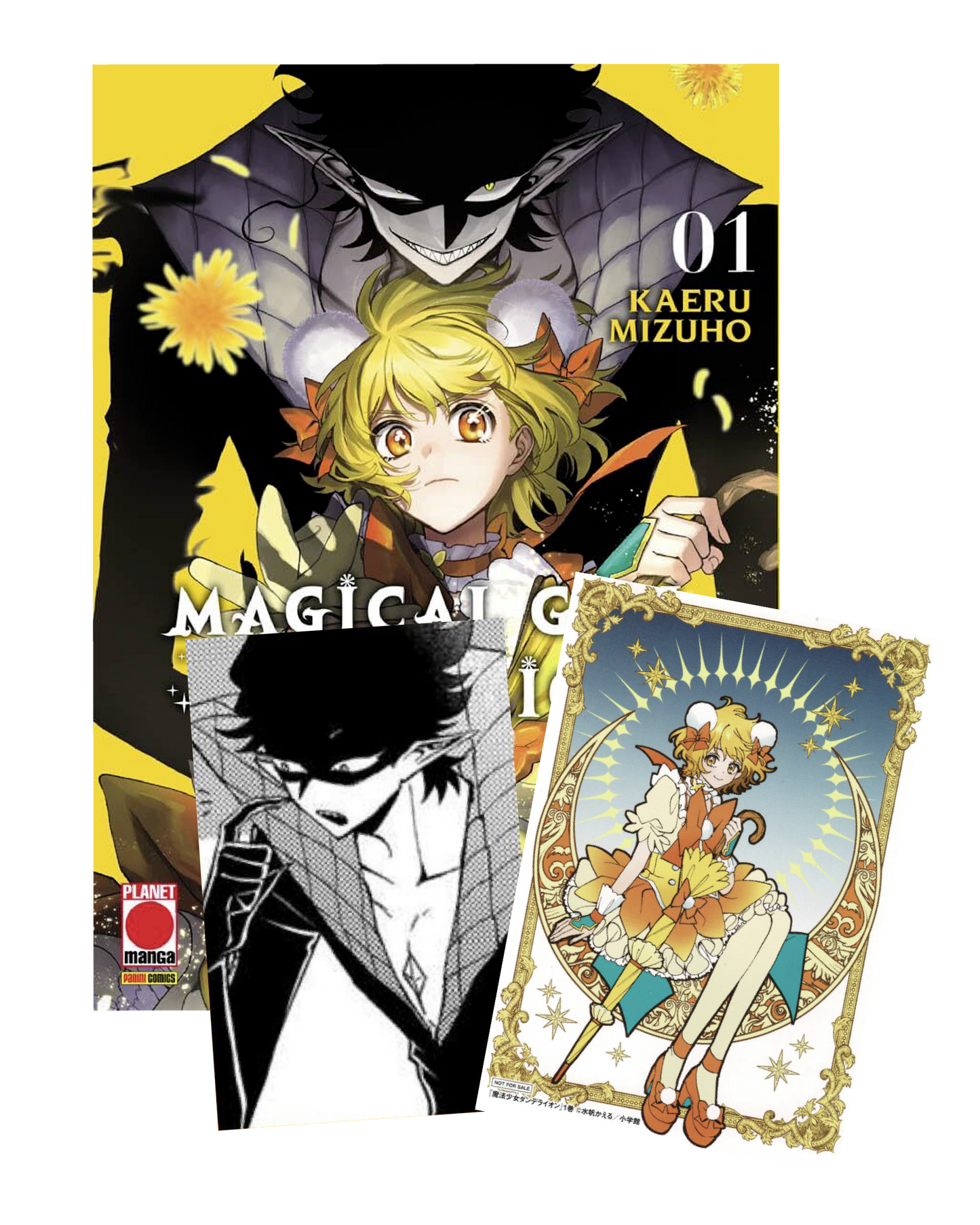 Panoramica dei contenuti di Magical Girl Dandelion Vol. 1 Special Edition. Mostra la copertina gialla con la protagonista bionda e il demone d'ombra, un riquadro in bianco e nero e la carta illustrata a colori inclusa.