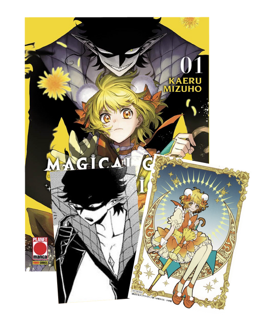 Panoramica dei contenuti di Magical Girl Dandelion Vol. 1 Special Edition. Mostra la copertina gialla con la protagonista bionda e il demone d'ombra, un riquadro in bianco e nero e la carta illustrata a colori inclusa.