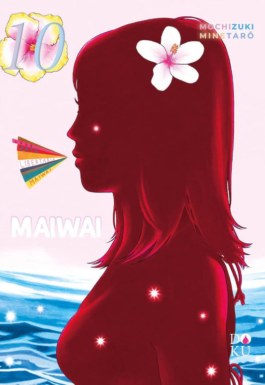 Copertina variant del manga Maiwai Vol. 10 (Coconino Press). Silhouette rossa di profilo di una ragazza con un ibisco bianco tra i capelli, su uno sfondo di onde marine e cielo rosa.