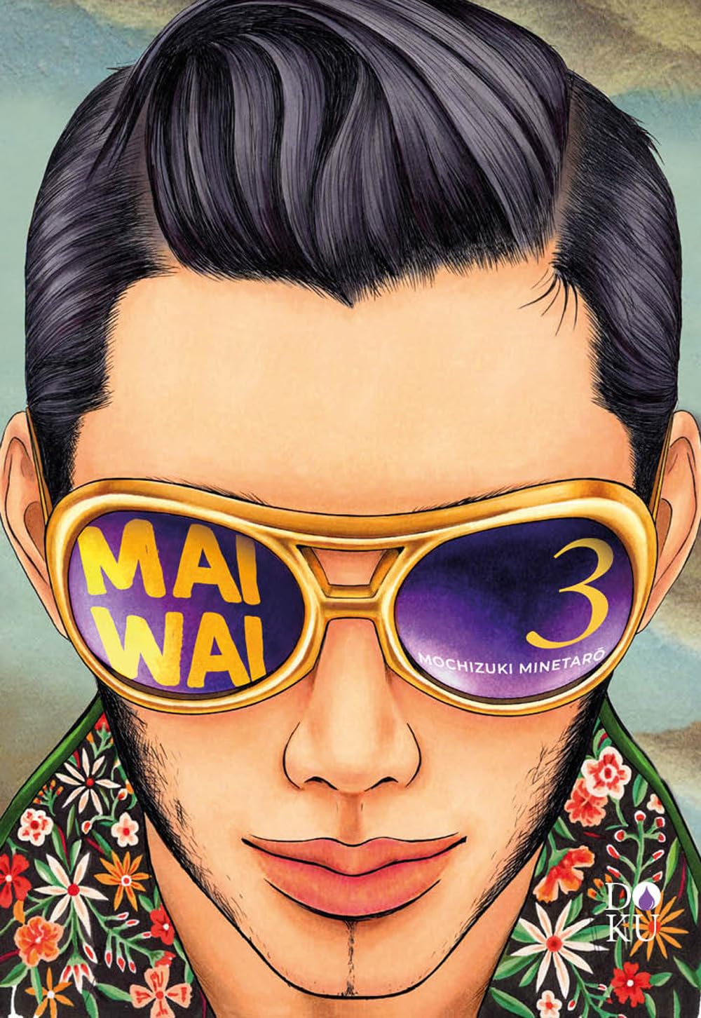 Copertina di Maiwai Vol. 3 (Coconino Press). Primo piano di un uomo con occhiali da sole dorati riflettenti che mostrano il titolo del manga e il numero del volume.