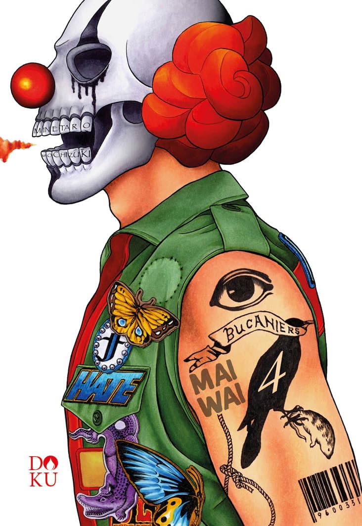 Copertina di Maiwai Vol. 4 (Coconino Press). Illustrazione di profilo di un uomo con maschera da clown a teschio, capelli rossi e tatuaggi sul braccio che includono il titolo del manga.