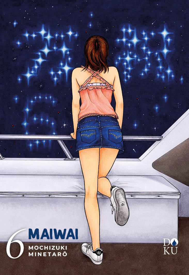 Copertina di Maiwai Vol. 6 (Coconino Press). Funako vista di spalle mentre osserva un cielo notturno pieno di stelle luminose dal parapetto di una barca.