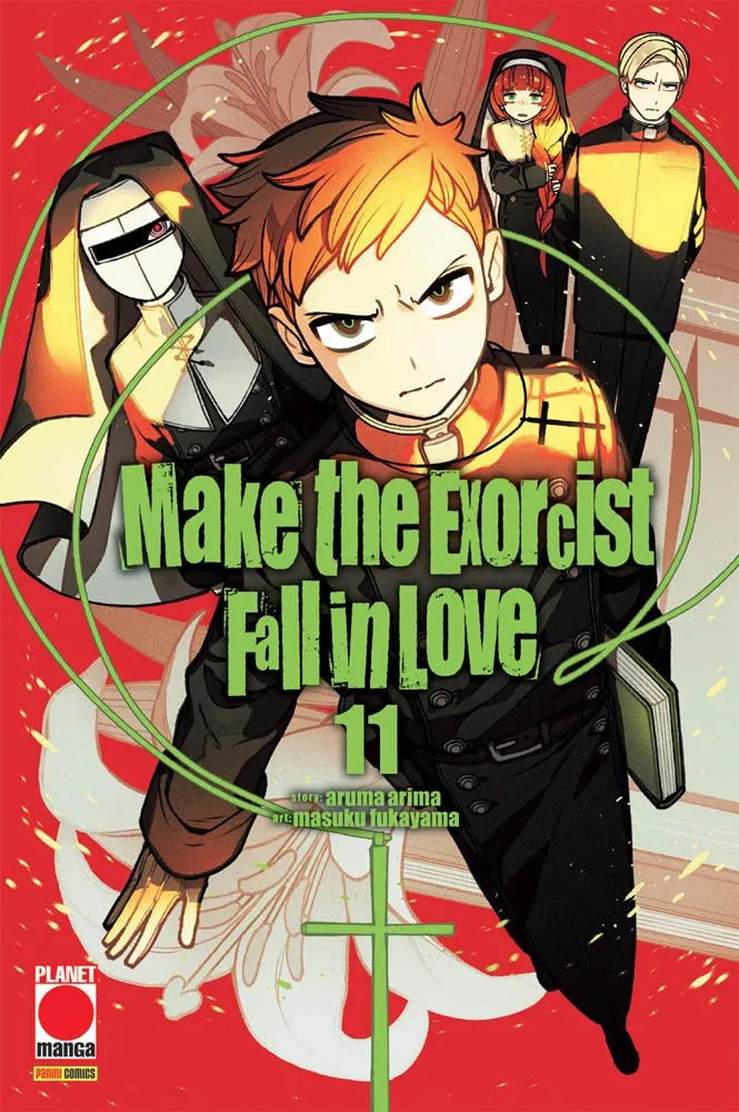 Copertina del manga Make The Exorcist Fall In Love volume 11 edito da Planet Manga; l'illustrazione mostra il protagonista dai capelli arancioni in abito talare nero in primo piano, con altri personaggi religiosi e una suora mascherata sullo sfondo rosso.
