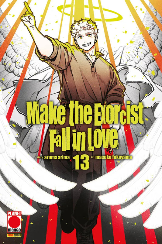 Copertina del manga Make the Exorcist Fall in Love volume 13. L'illustrazione vivace e luminosa ritrae un giovane ragazzo sorridente dai corti capelli biondi, che indossa abiti casual marroni. Il ragazzo punta l'indice della mano destra verso il cielo, sfoggiando un'aureola dorata sulla testa, mentre alle sue spalle si dispiegano due grandi e maestose ali piumate bianche. Lo sfondo è caratterizzato da profondi raggi luminosi rossi, arancioni e gialli, simili a una luce divina.