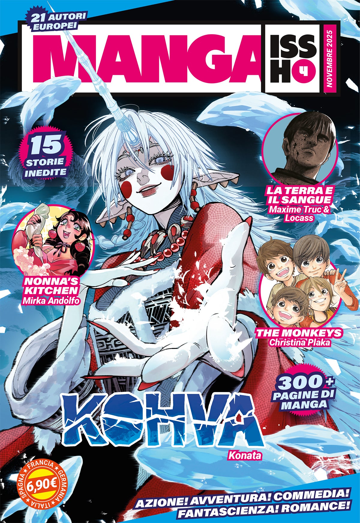 La copertina di Manga Issho Vol. 4, dominata dal personaggio albino di "Kohva" (di Konata) con un corno sulla fronte e circondato da delfini di ghiaccio, con i riquadri che annunciano le storie di Mirka Andolfo e altri autori