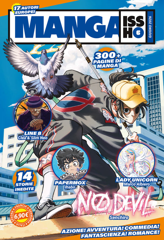 Copertina del sesto volume della rivista antologica Manga Issho di giugno 2026, con un personaggio dinamico in posa d'azione con cappellino giallo e una maschera bianca, circondato da tre bollini circolari che mostrano le altre storie incluse nel volume.