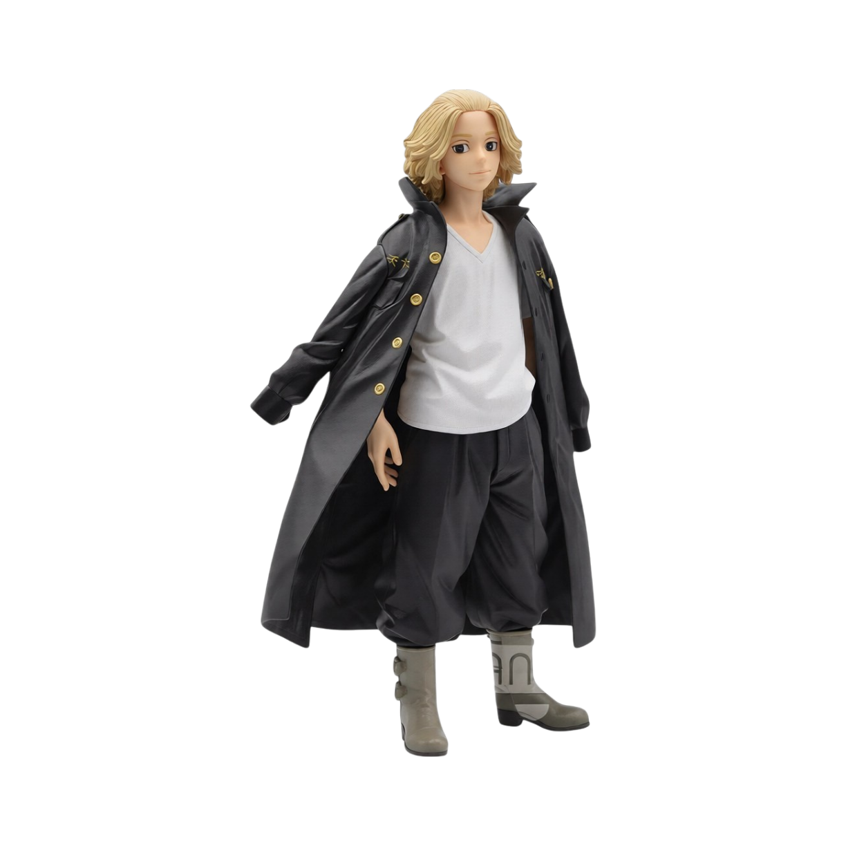 Figure da collezione in PVC di Manjiro Sano (Mikey) dalla serie anime 'Tokyo Revengers', prodotta da Bandai Banpresto. La statuetta ritrae il leader della Toman in piedi con capelli biondi ondulati, maglietta bianca, pantaloni neri e la tipica divisa nera tokko-fuku con bottoni dorati poggiata sulle spalle.