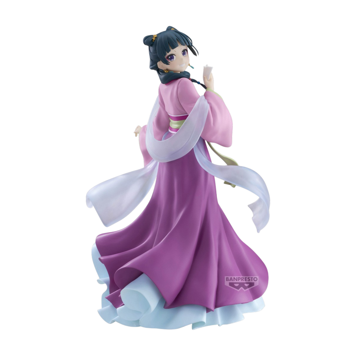 Figure di Maomao della serie The Apothecary Diaries prodotta da Banpresto. La ragazza indossa un elegante abito tradizionale rosa e viola, si volta sorridendo e tiene in mano un piccolo foglio.