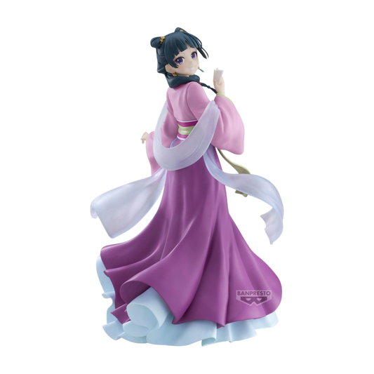 Figure di Maomao della serie The Apothecary Diaries prodotta da Banpresto. La ragazza indossa un elegante abito tradizionale rosa e viola, si volta sorridendo e tiene in mano un piccolo foglio.