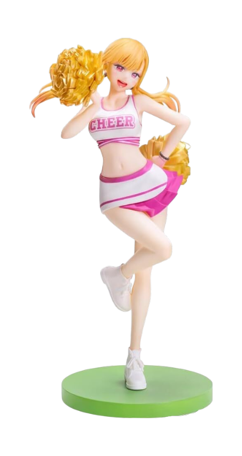 Figure da collezione del personaggio Marin Kitagawa in versione cheerleader dalla serie My Dress-Up Darling. La figure da 18 cm mostra la ragazza con capelli biondi e occhi fucsia mentre sorride, indossa un completo da cheerleading bianco e rosa con la scritta "CHEER" e stringe pon-pon dorati, posizionata su una base verde.