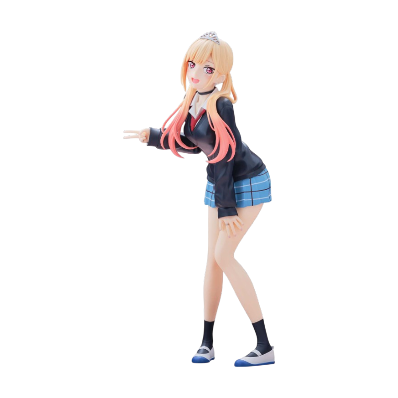 Statuetta da collezione di Marin Kitagawa della linea Glitter & Glamours di Banpresto, alta 25 cm, che mostra il personaggio con capelli biondi e punte rosa in uniforme scolastica con una tiara in testa mentre sorride e fa il segno di pace.