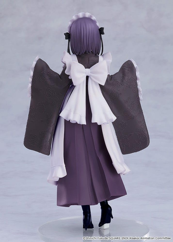 Figure Pop Up Parade di Marin Kitagawa da My Dress-Up Darling in versione School Festival. La ragazza indossa un elegante abito wa-maid, che unisce un kimono scuro con rose in rilievo a un grembiule bianco con volant.